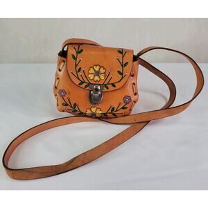 Hand Tooled Floral Leather Mini Saddle Bag Embossed Hand Made Los Cabos Mexican